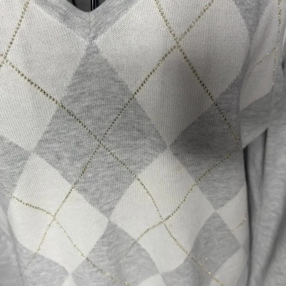 Tommy Hilfiger Argyle Sweater Gray White V-Neck Metallic Glitter Knit Medium M